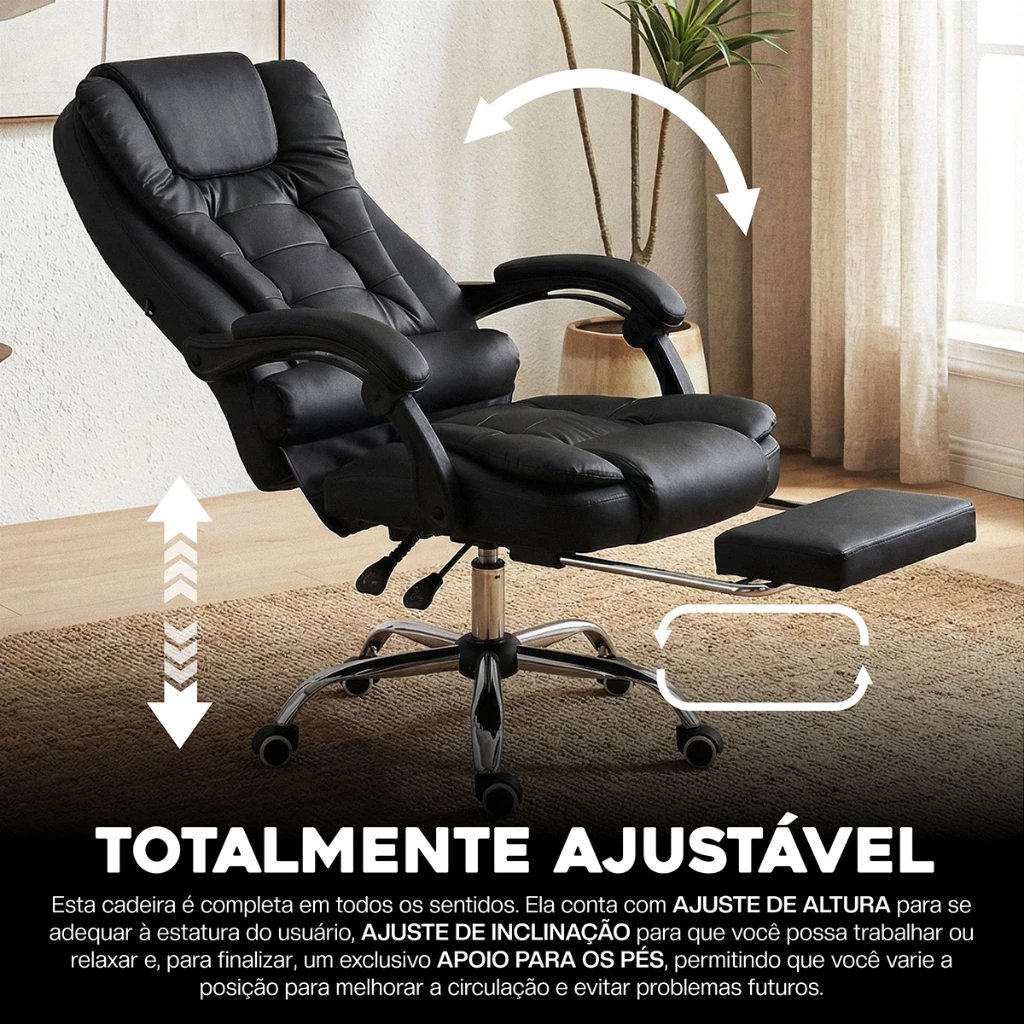 Cadeira Presidente Ergonômica Reclinável Luxo Com Apoio Pés Preto Executivo Comf (2)
