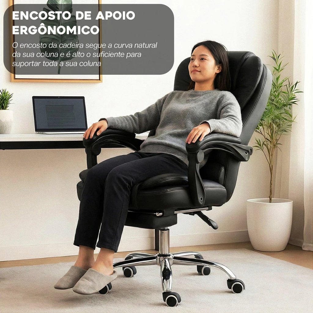 Cadeira Presidente Ergonômica Reclinável Luxo Com Apoio Pés Preto Executivo Comf (3)