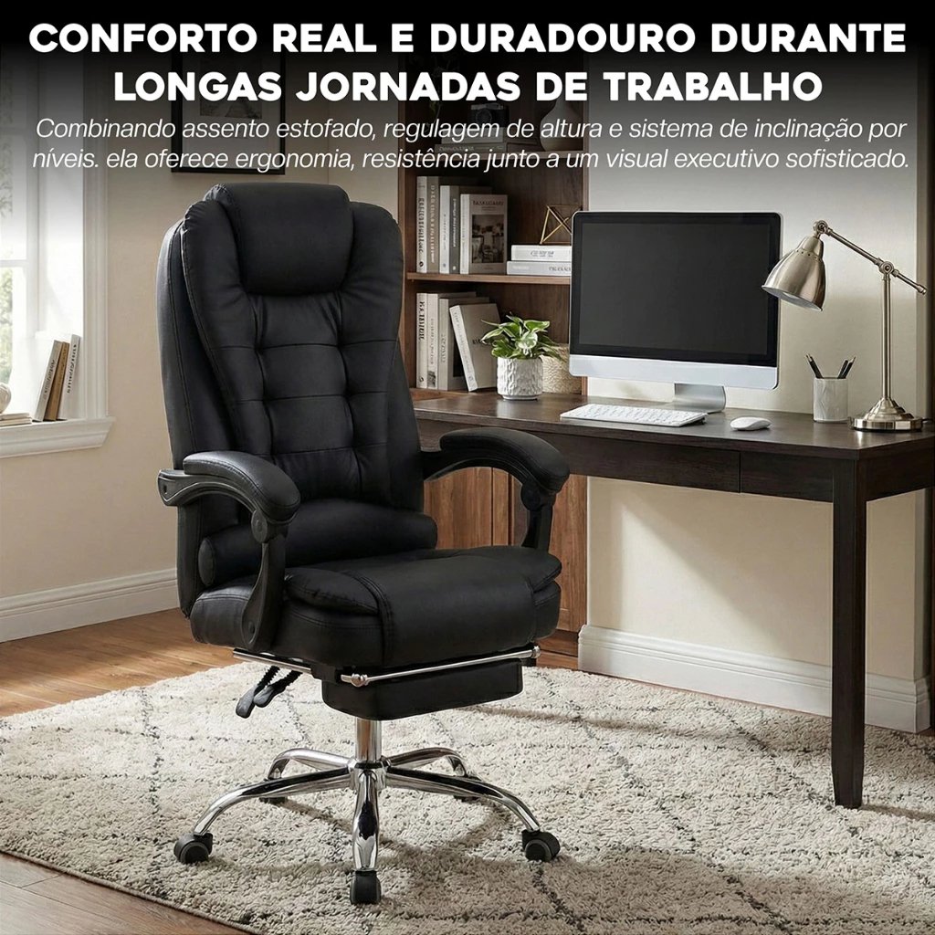 Cadeira Presidente Ergonômica Reclinável Luxo Com Apoio Pés Preto Executivo Comf (5)